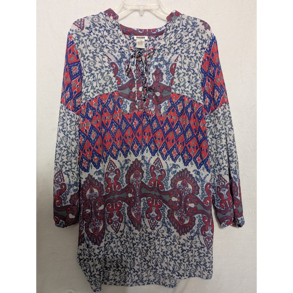 Dizzire Womens 1X Tunic Top Red Blue Paisley Geometric Lace Up Neck Long Sleeve